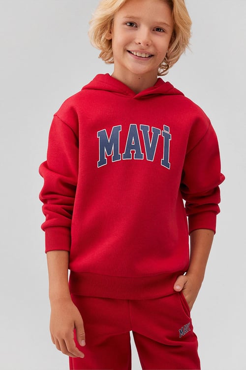 Mavi Logo Baskılı Pamuklu Loose Fit Kapüşonlu Şardonlu Erkek Çocuk Sweat 6610110-70464 KIRMIZI