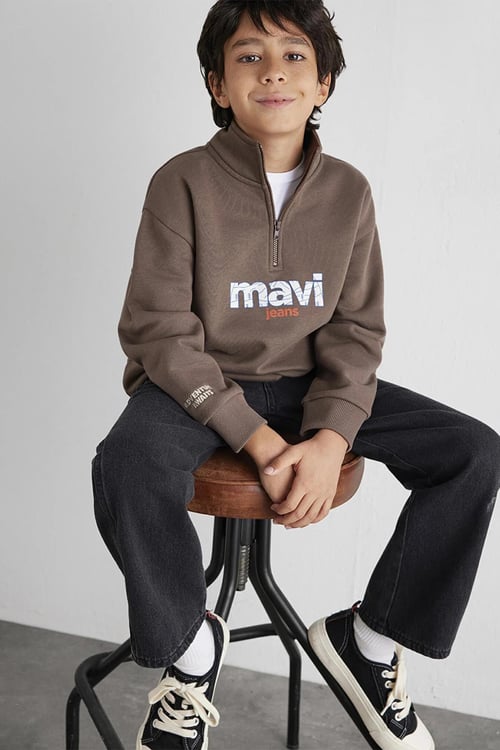 Mavi Logolu Pamuklu Loose Fit Yarım Fermuarlı Dik Yaka Erkek Çocuk Sweat 6S10151-87181 KAHVE