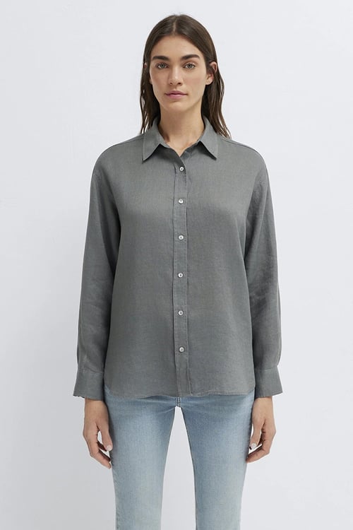 Mavi Loose Fit Klasik Yaka Uzun Kollu Keten Kadın Gömlek 1210747-70132 HAKİ