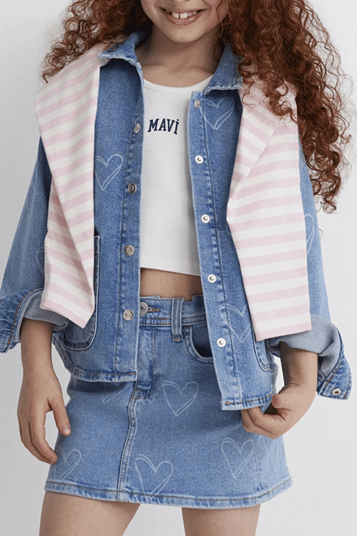 Mavi Lullu Kalpli Regular Fit Klasik Yaka Düğmeli Kız Çocuk Kot Ceket 7210002-89486 AÇIK MAVİ