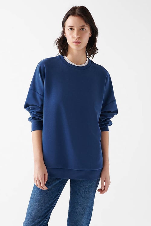 Mavi Lux Touch Bisiklet Yaka Yumuşak ve Dökümlü Oversize Bayan Sweat 168837-70491 KOYU MAVİ