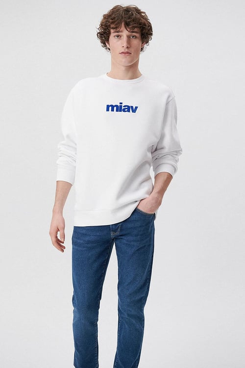 Mavi Miav Bisiklet Yaka Pamuk Karışımlı Loose Fit Bol Kesim Şardonlu Erkek Sweat 0610925-620 BEYAZ