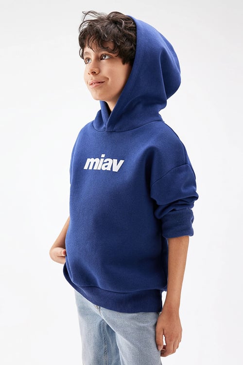 Mavi Pamuk Karışımlı Loose Fit Kapüşonlu Şardonlu Erkek Çocuk Sweat 6S10028-70722 KOYU MAVİ