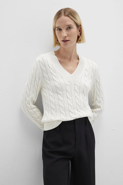 Mavi Pamuk ve İpek Karışımlı Slim Fit V Yaka Bayan Kazak 1710720-70057 KREM