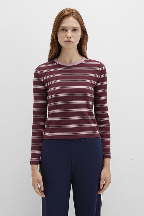 Mavi Pamuklu Fitted Fit Bisiklet Yaka Çizgili Bayan Penye 1613604-91193 BORDO