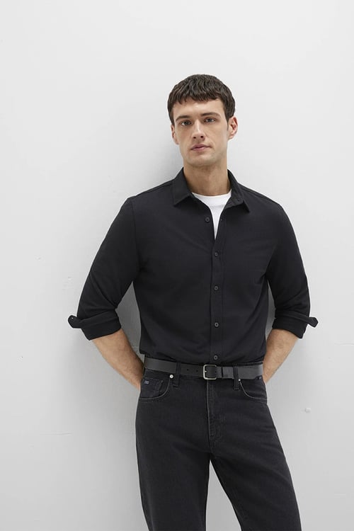 Mavi Pamuklu Fitted Örme Erkek Gömlek 0210294-900 SİYAH