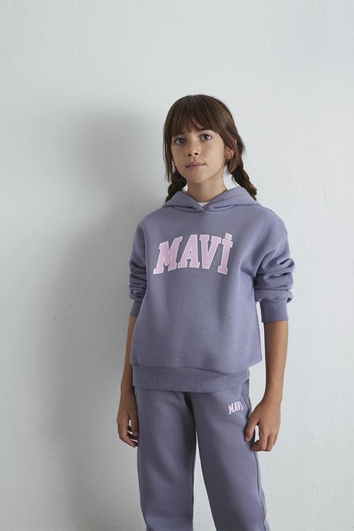 Mavi Pamuklu Loose Fit Baskılı Kapüşon Yaka Kız Çocuk Sweat 7610035-88095 AÇIK GRİ