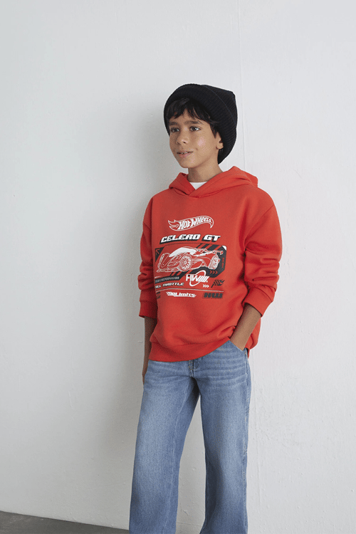 Mavi Pamuklu Loose Fit Baskılı Kapüşon Yaka Erkek Çocuk Sweat 6S10156-88523 KIRMIZI