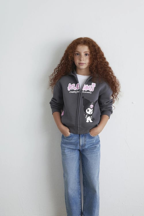 Mavi Pamuklu Loose Fit Baskılı Kapüşon Yaka Fermuarlı Kız Çocuk Sweat 7S10167-85309 FÜME
