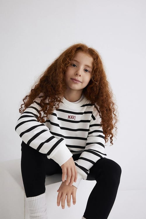 Mavi Pamuklu Loose Fit Çizgili Logolu Kız Çocuk Sweat 7S10038-900 BEYAZ-SİYAH