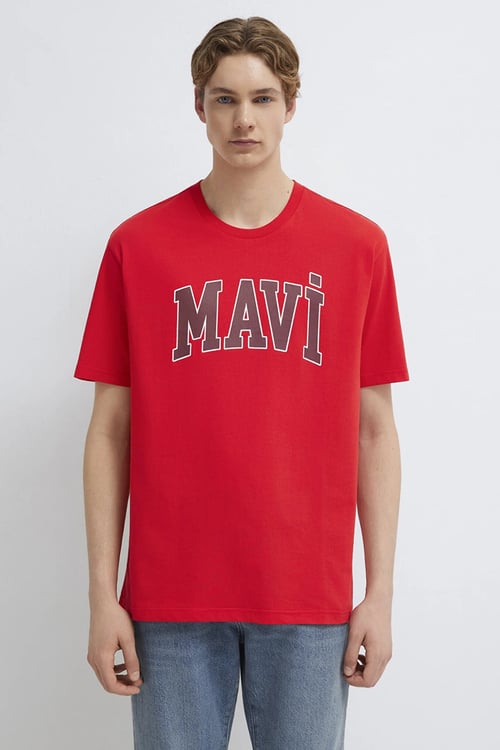Mavi Pamuklu Loose Fit Logolu Bisiklet Yaka Erkek T Shirt 0611711-70467 KIRMIZI