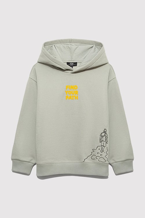Mavi Pamuklu Loose Fit Sırt Baskılı Kapüşonlu Erkek Çocuk Sweat 6S10149-70155 AÇIK HAKİ