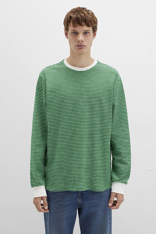 Mavi Pamuklu Loose Fit Uzun Kollu Erkek T Shirt 0613038-85916 YEŞİL-BEYAZ