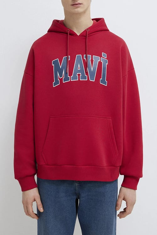 Mavi Pamuklu Oversize Fit Logo Baskılı Kapüşon Yaka Erkek Sweat 067149-70464 KIRMIZI