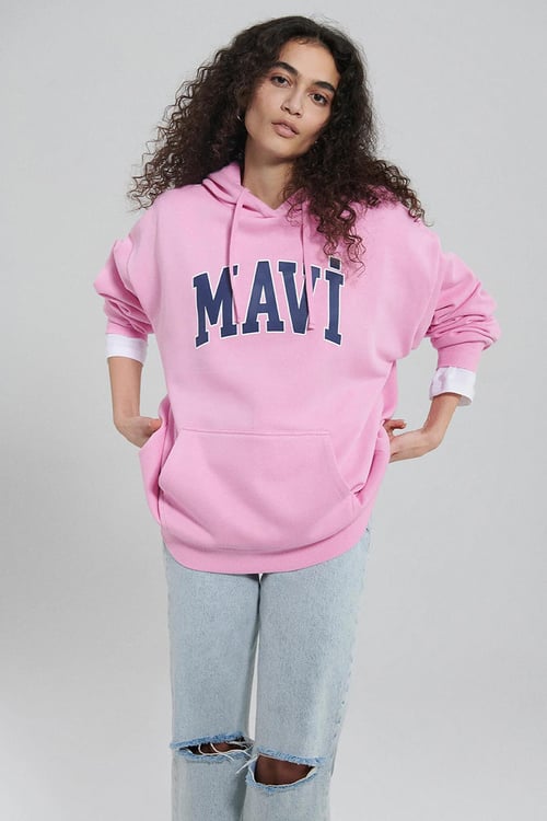 Mavi Pamuklu Oversize Kapüşonlu Kanguru Cepli Bayan Sweat 1600361-71038 PEMBE