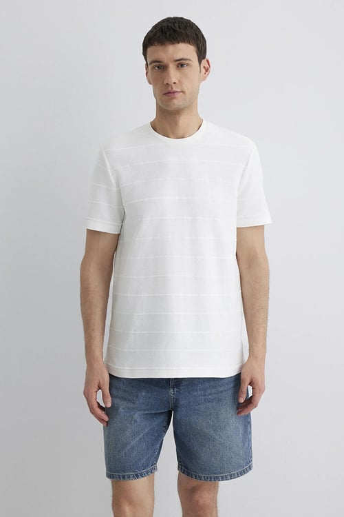 Mavi Pamuklu Regular Fit Çizgili Bisiklet Yaka Erkek T Shirt 0611409-70057 KIRIK BEYAZ