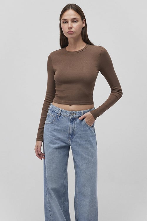 Mavi Pamuklu Slim Fit Bisiklet Yaka Crop Bayan Penye 1612822-81959 KAHVE