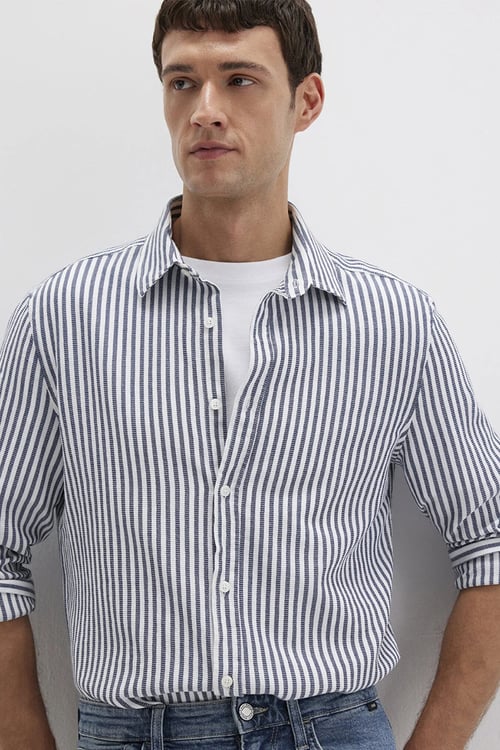 Mavi Pamuklu Slim Fit Uzun Kollu Çizgili Erkek Gömlek 0211692-90911 LACİVERT-EKRU