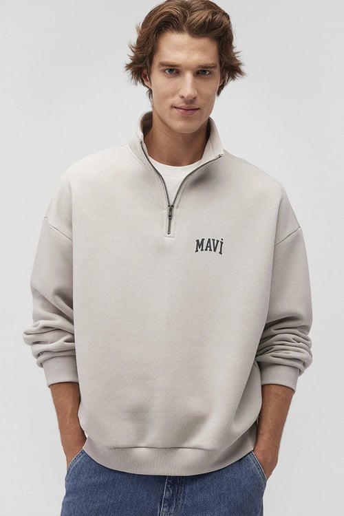 Mavi Şardonlu Pamuklu Boxy Fit Yarım Fermuarlı Dik Yaka Erkek Sweat 0S10208-70074 BEJ