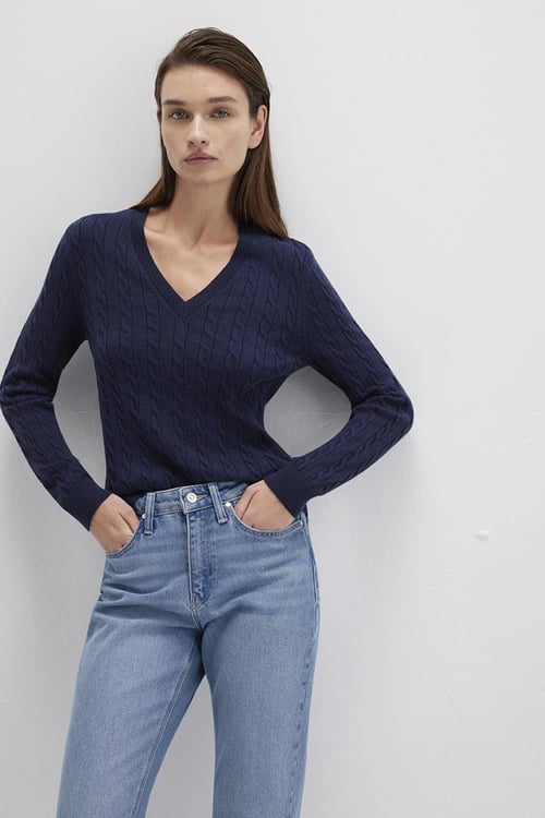 Mavi Slim Fit V Yaka Örgü Desen Triko Bayan Kazak 1710340-84371 LACİVERT