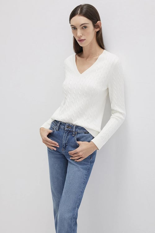 Mavi Slim Fit V Yaka Örgü Desenli Triko Bayan Kazak 1710340-70057 KREM