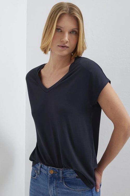 Mavi V Yaka Yumuşak Dökümlü Basic Kadın T Shirt 167714-85315 KOYU LACIVERT