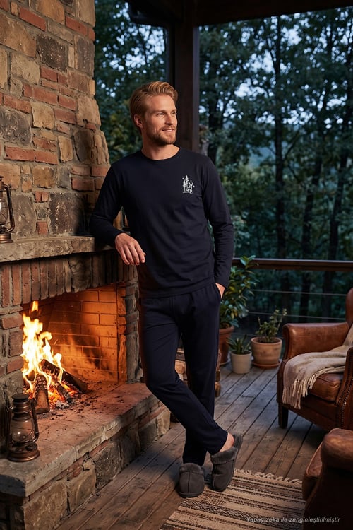 Minimal Baskılı Pamuklu Uzun Kollu Erkek Pijama Takımı 6575005 LACİVERT