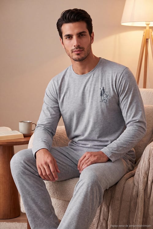 Minimal Baskılı Pamuklu Uzun Kollu Erkek Pijama Takımı 6575005 GRİ MELANJ