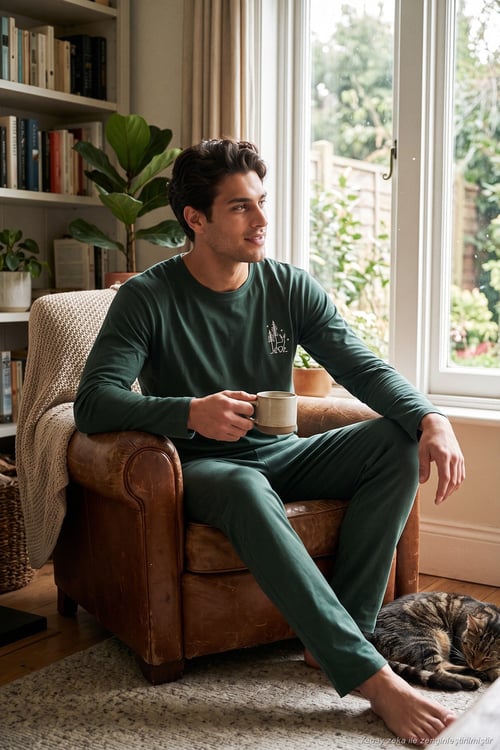 Minimal Baskılı Pamuklu Uzun Kollu Erkek Pijama Takımı 6575005 YEŞİL