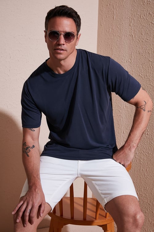Modal Karışımlı Regular Fit Bisiklet Yaka Basic Erkek T Shirt 5902924 İNDİGO