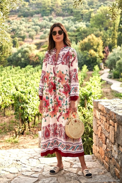 Modest Desenli Regular Fit Bağlamalı V Yaka Maxi Kadın Elbise 611EL510 BORDO
