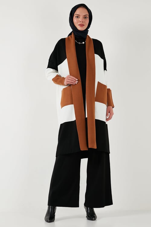 Modest Regular Fit Renk Bloklu Uzun Tesettür Triko Kadın Hırka 4616172 TOPRAK