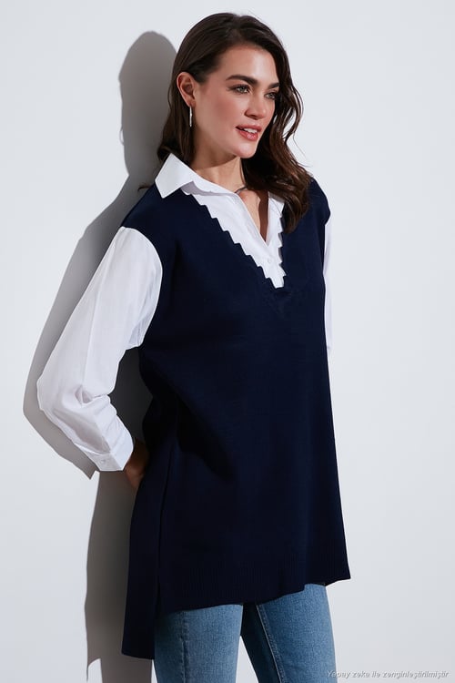 Modest Standart Fit Gömlek Yaka Tesettür Triko Kadın Tunik 4612148 LACİVERT