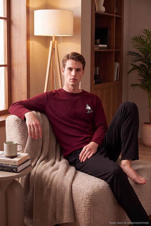 Nakışıklı Yumuşak Dokulu Bisiklet Yaka Erkek Pijama Takımı 6575010 BORDO