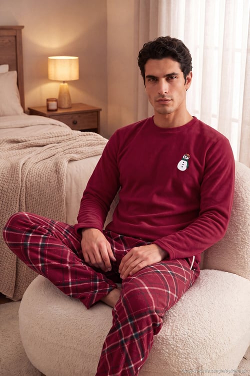 Nakışlı Ekoseli Yumuşak Dokulu Uzun Kollu Polar Erkek Pijama Takımı 6097059E BORDO