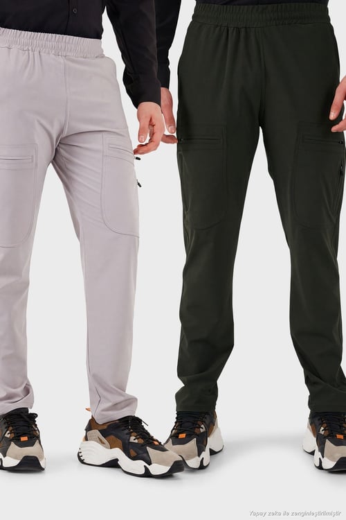 Normal Kalıp Kargo Cepli Lastikli Bel Trekking ve Kurye 2'li Paket Erkek Pantolon 693710S2 GRİ-HAKİ