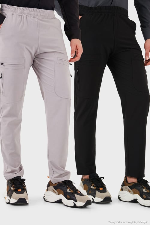 Normal Kalıp Kargo Cepli Lastikli Bel Trekking ve Kurye 2'li Paket Erkek Pantolon 693710S2 SİYAH-GRİ