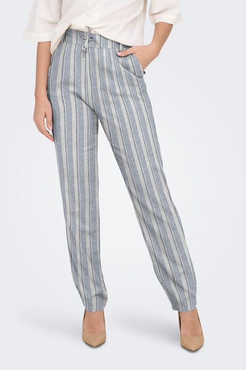 Onlcaro-Poptrash Keten Karışımlı Comfort Fit Normal Bel Düz Paça Kadın Pantolon 15278710 MAVİ-KREM