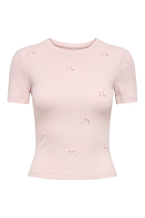 Onlfemke Pamuklu Slim Fit Fiyonk Detaylı Bisiklet Yaka Kadın T Shirt 15369336 AÇIK PEMBE