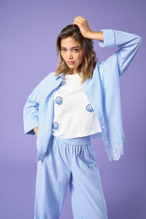 Onlgraces % 100 Pamuklu Relaxed Fit Uzun Kollu Kadın Gömlek 15343165 MAVİ-BEYAZ