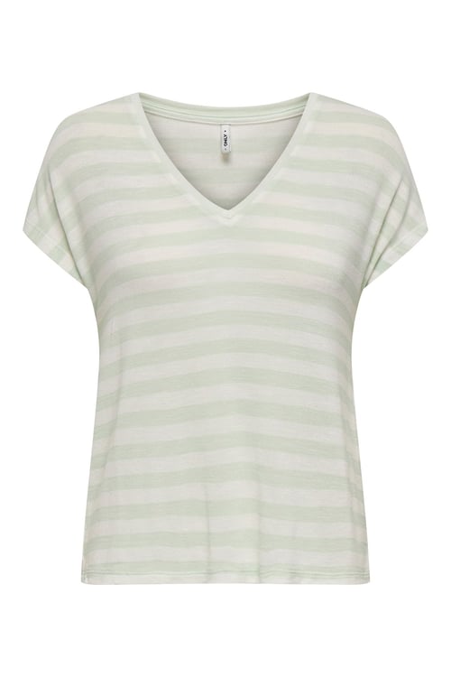 Onlliran Regular Fit Çizgili V Yaka Kadın T Shirt 15369780 BEYAZ-MİNT