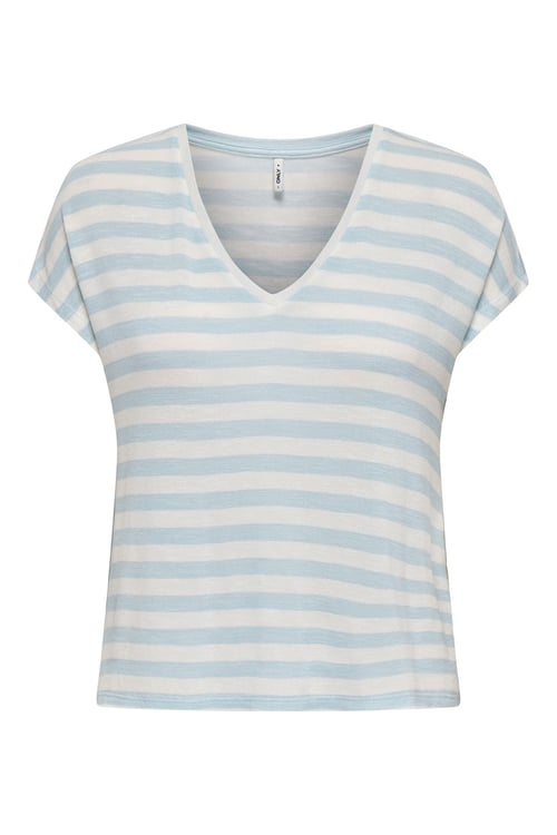 Onlliran Regular Fit Çizgili V Yaka Kadın T Shirt 15369780 BEYAZ-AÇIK MAVİ