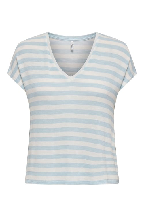 Onlliran Regular Fit Çizgili V Yaka Kadın T Shirt 15369780 BEYAZ-AÇIK MAVİ