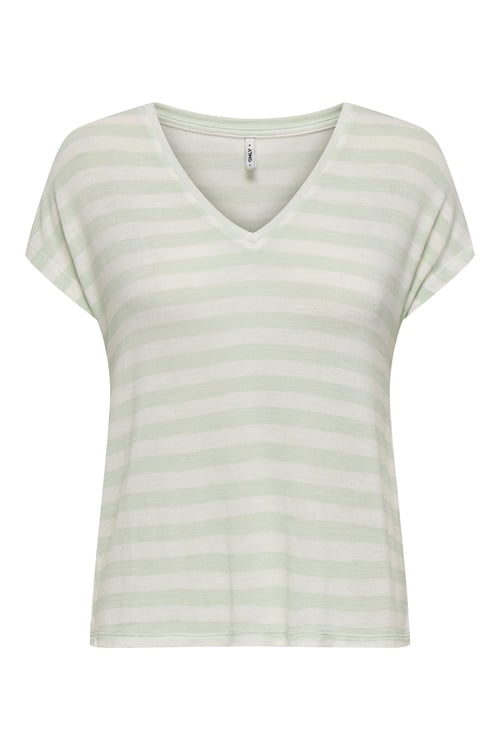 Onlliran Regular Fit Çizgili V Yaka Kadın T Shirt 15369780 BEYAZ-MİNT