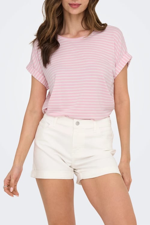 Onlmoster Streç Çizgili Regular Fit Bisiklet Yaka Kadın T Shirt 15206243 PEMBE-BEYAZ