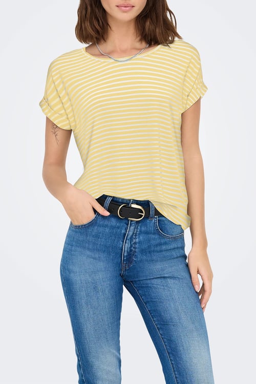 Onlmoster Streç Çizgili Regular Fit Bisiklet Yaka Kadın T Shirt 15206243 SARI-BEYAZ