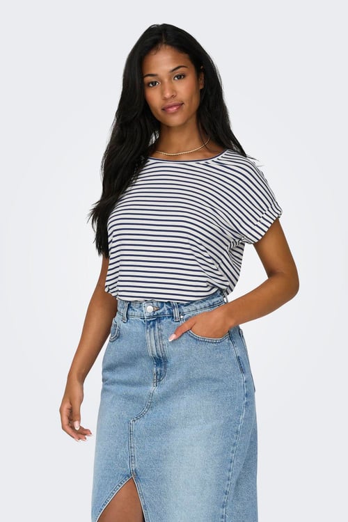 Onlmoster Streç Çizgili Regular Fit Bisiklet Yaka Kadın T Shirt 15206243 KREM-LACIVERT