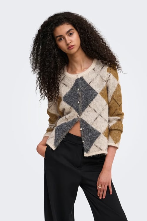 Onlnoeme Regular Fit Baklava Desenli Bisiklet Yaka Kadın Hırka 15378142 BEJ-CAMEL