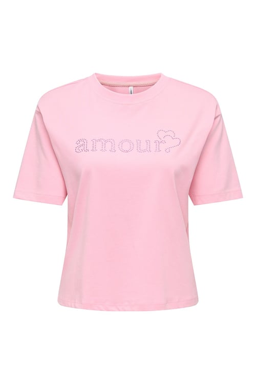 Onlrhine Pamuklu Boxy Fit Taş Detaylı Bisiklet Yaka Kadın T Shirt 15368901 PEMBE