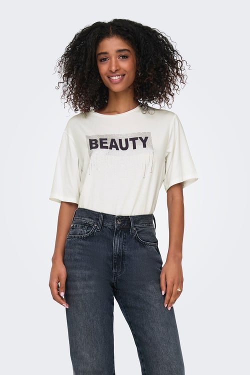 Onlsanni Taşlı Pamuklu Regular Fit Bisiklet Yaka Kadın T Shirt 15346650 BEYAZ-GRİ